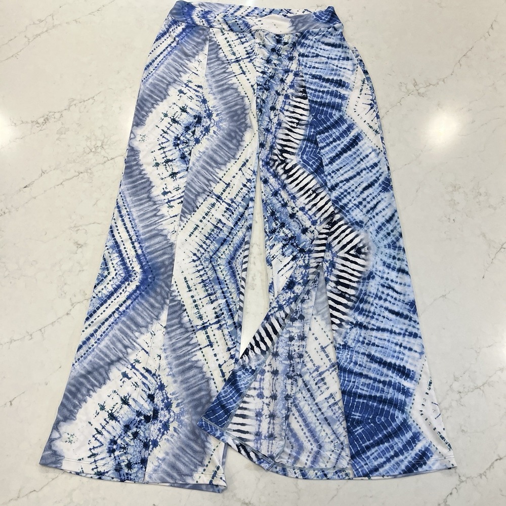 Clara SunWoo 1X Kick Front High Slit Wrinkle‎ Free Pant Blue White Resort Travel